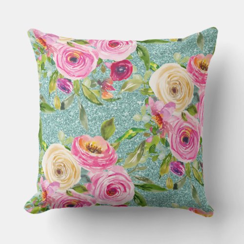 Watercolor Roses in Pink and Cream Aqua Glitter Throw Pillow
