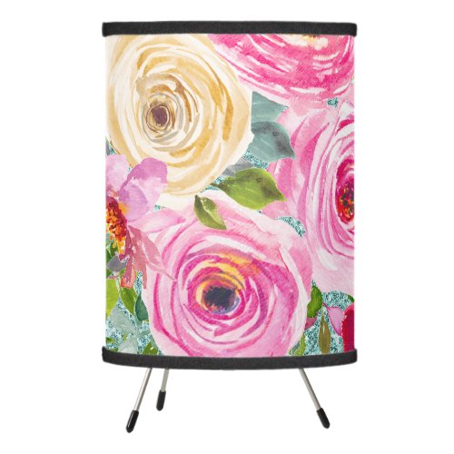 Watercolor Roses in Pink and Cream Aqua Glitter Tripod Lamp