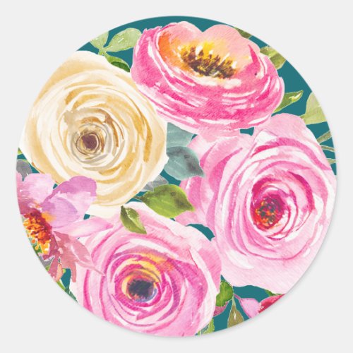 Watercolor Roses in Pink and Cream in Teal Classic Round Sticker