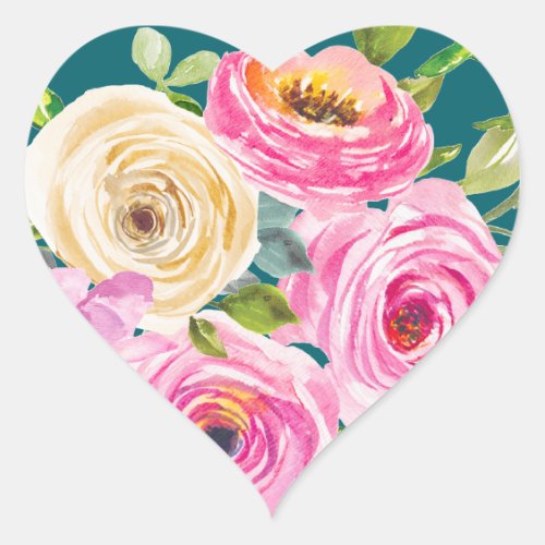 Watercolor Roses in Pink and Cream in Teal Heart Sticker