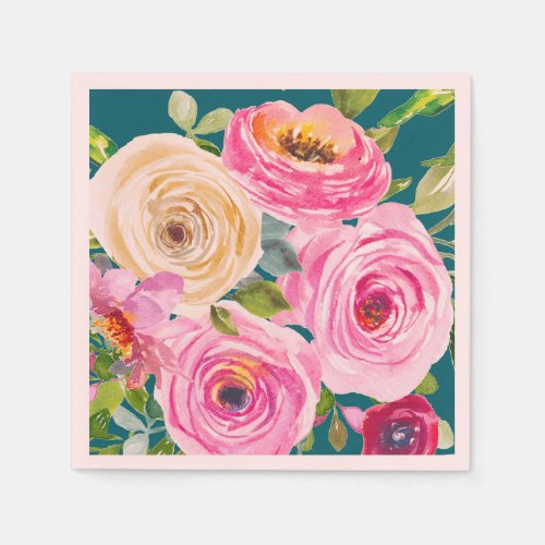 Watercolor Roses in Pink and Cream in Teal Napkins