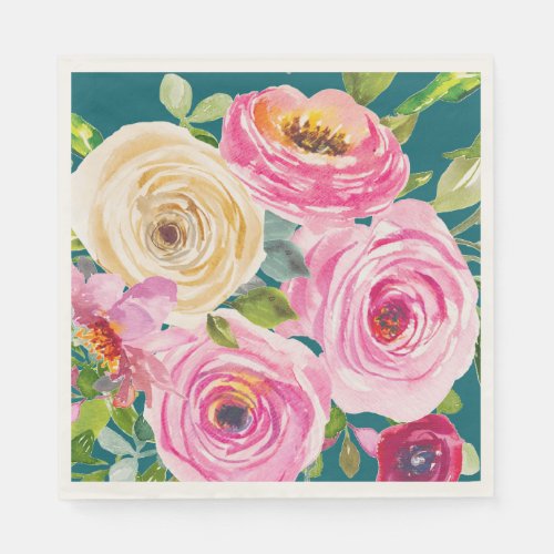 Watercolor Roses in Pink and Cream in Teal Napkins