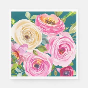 Watercolor Roses In Pink And Cream In Teal Napkins by Mistflower at Zazzle