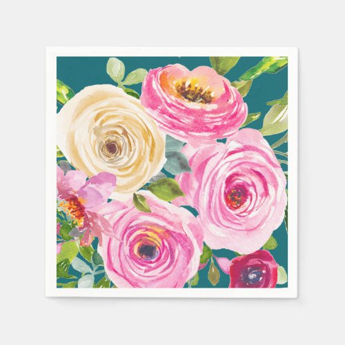 Watercolor Roses in Pink and Cream in Teal Napkins