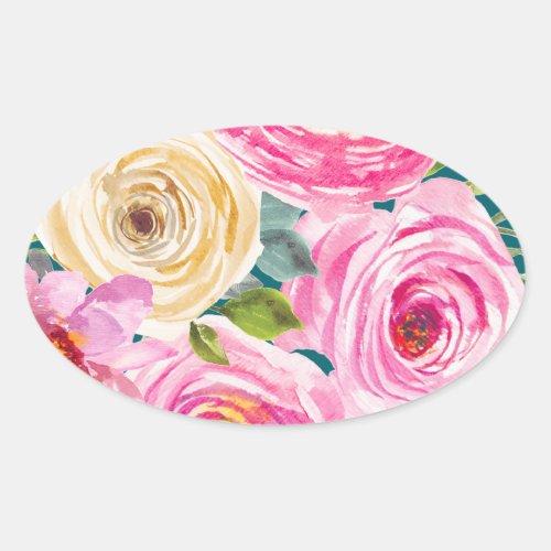 Watercolor Roses in Pink and Cream in Teal Oval Sticker