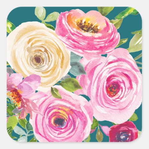 Watercolor Roses in Pink and Cream in Teal Square Sticker