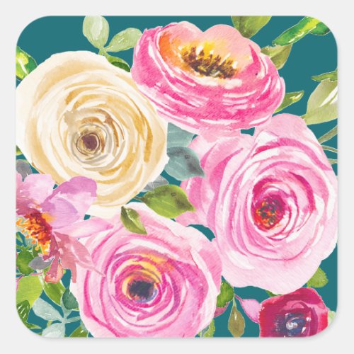 Watercolor Roses in Pink and Cream in Teal Square Sticker