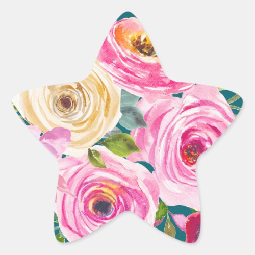 Watercolor Roses in Pink and Cream in Teal Star Sticker