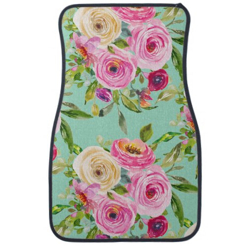 Watercolor Roses in Pink and Cream on Aqua Car Floor Mat