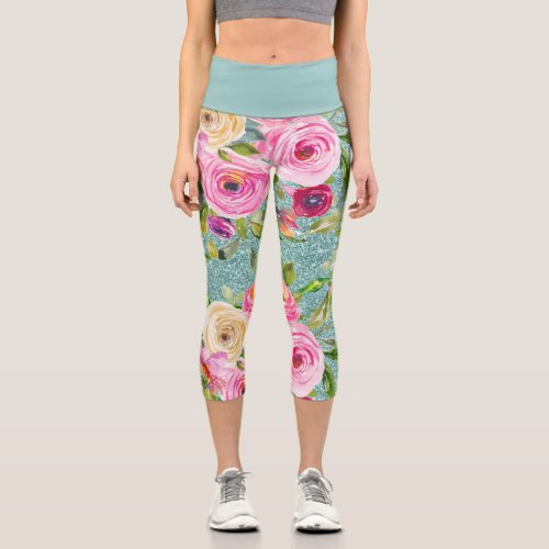 Watercolor Roses in Pink and Cream on Aqua Glitter Capri Leggings