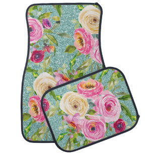 Watercolor Roses in Pink and Cream on Aqua Glitter Car Floor Mat