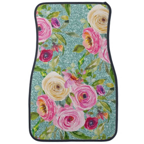 Watercolor Roses in Pink and Cream on Aqua Glitter Car Floor Mat