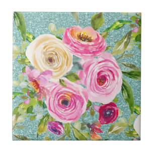 Watercolor Roses in Pink and Cream on Aqua Glitter Ceramic Tile