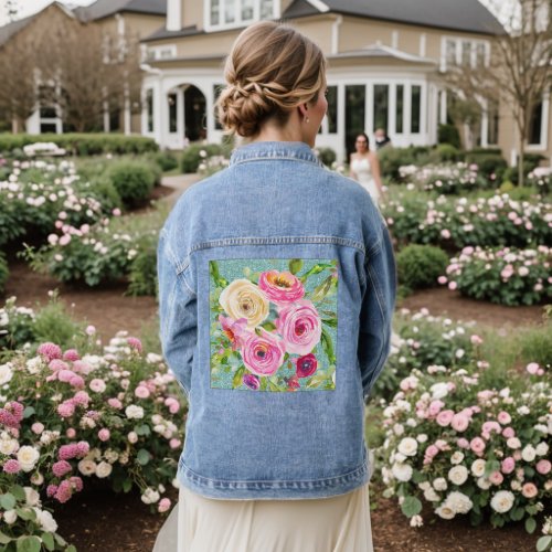 Watercolor Roses in Pink and Cream on Aqua Glitter Denim Jacket