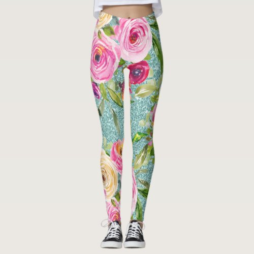 Watercolor Roses in Pink and Cream on Aqua Glitter Leggings