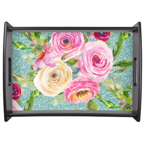 Watercolor Roses in Pink and Cream on Aqua Glitter Serving Tray