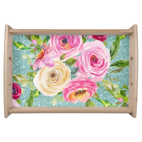 Watercolor Roses in Pink and Cream on Aqua Glitter Serving Tray