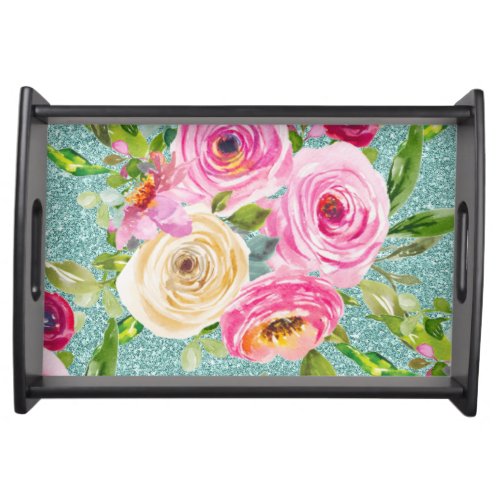 Watercolor Roses in Pink and Cream on Aqua Glitter Serving Tray