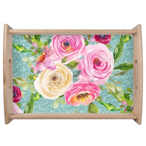 Watercolor Roses in Pink and Cream on Aqua Glitter Serving Tray