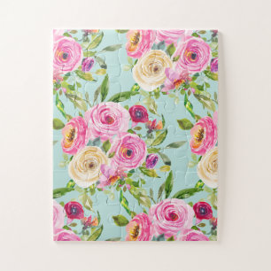 Watercolor Roses in Pink and Cream on Aqua Jigsaw Puzzle
