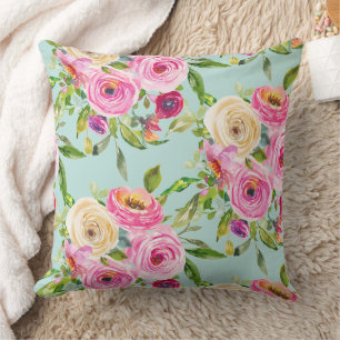 Watercolor Roses in Pink and Cream on Aqua Throw Pillow