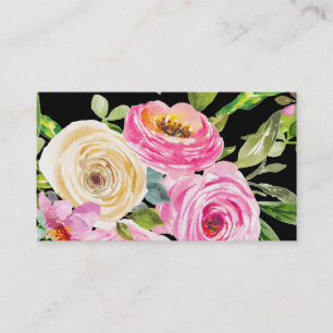 Watercolor Roses in Pink and Cream on Black Business Card