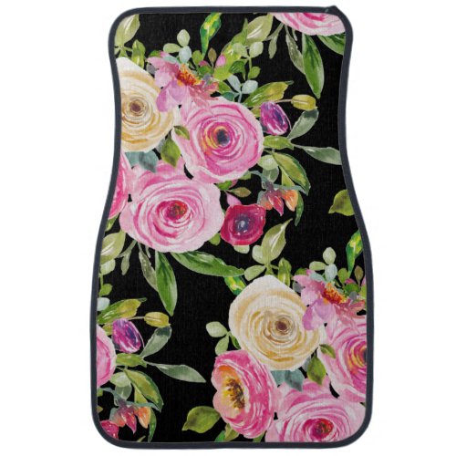 Watercolor Roses in Pink and Cream on Black Car Floor Mat