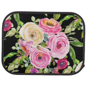 Watercolor Roses in Pink and Cream on Black Car Floor Mat
