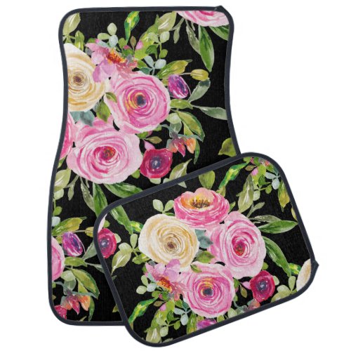 Watercolor Roses in Pink and Cream on Black Car Floor Mat