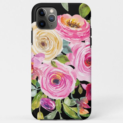 Watercolor Roses in Pink and Cream on Black iPhone 11 Pro Max Case