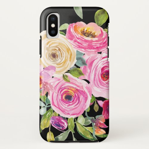 Watercolor Roses in Pink and Cream on Black iPhone X Case