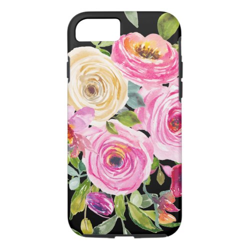 Watercolor Roses in Pink and Cream on Black iPhone 87 Case