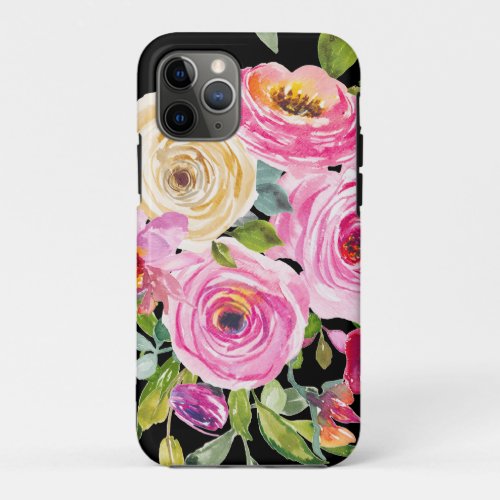 Watercolor Roses in Pink and Cream on Black iPhone 11 Pro Case
