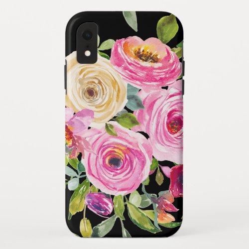 Watercolor Roses in Pink and Cream on Black iPhone XR Case