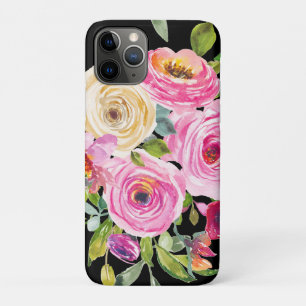Watercolor Roses in Pink and Cream on Black iPhone 11 Pro Case
