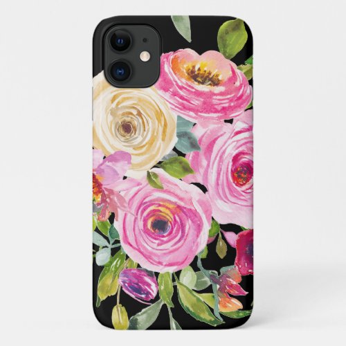 Watercolor Roses in Pink and Cream on Black iPhone 11 Case