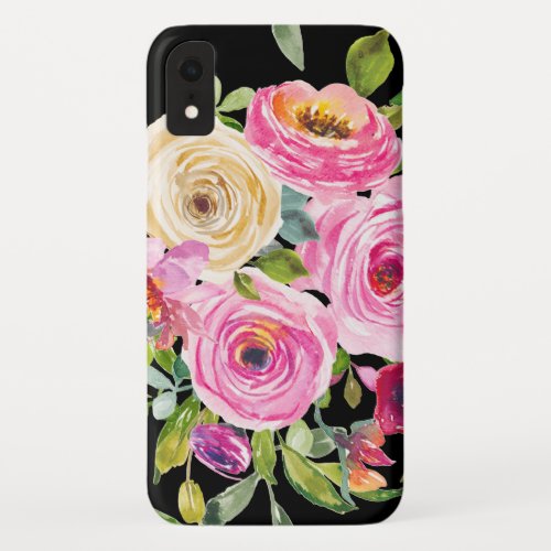Watercolor Roses in Pink and Cream on Black iPhone XR Case