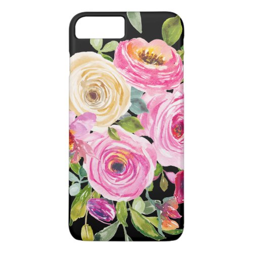 Watercolor Roses in Pink and Cream on Black iPhone 8 Plus7 Plus Case