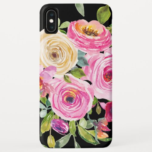 Watercolor Roses in Pink and Cream on Black iPhone XS Max Case