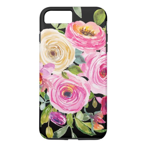 Watercolor Roses in Pink and Cream on Black iPhone 8 Plus7 Plus Case