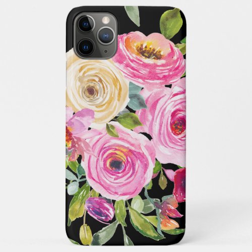 Watercolor Roses in Pink and Cream on Black iPhone 11 Pro Max Case