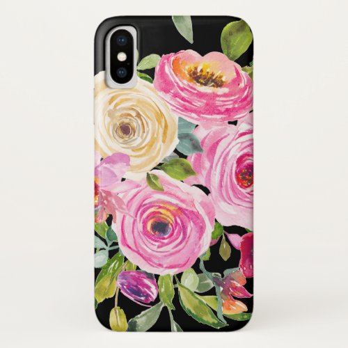 Watercolor Roses in Pink and Cream on Black iPhone X Case
