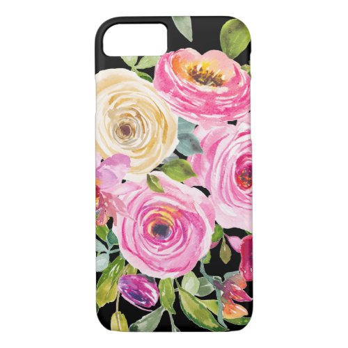 Watercolor Roses in Pink and Cream on Black iPhone 87 Case
