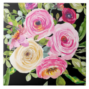 Watercolor Roses in Pink and Cream on Black Ceramic Tile