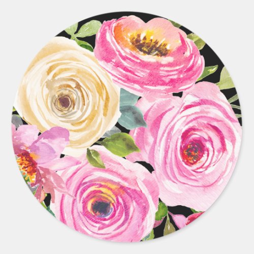 Watercolor Roses in Pink and Cream on Black Classic Round Sticker