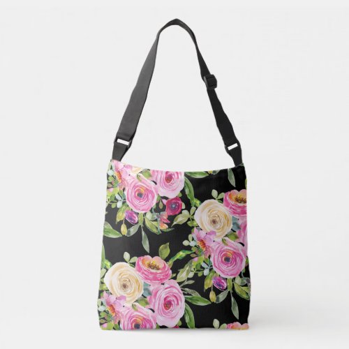 Watercolor Roses in Pink and Cream on Black Crossbody Bag