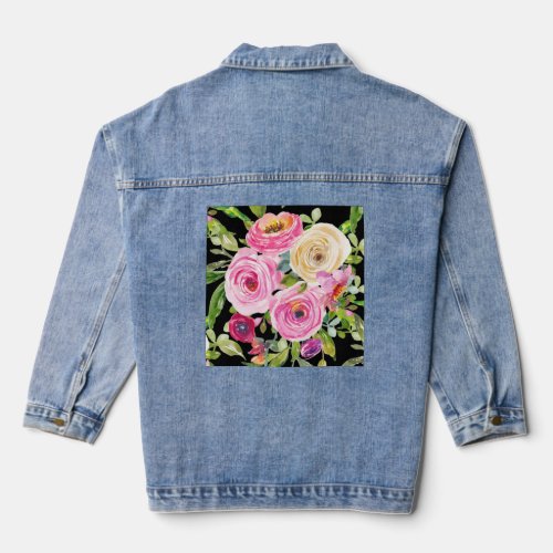 Watercolor Roses in Pink and Cream on Black Denim Jacket
