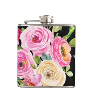 Watercolor Roses in Pink and Cream on Black Flask