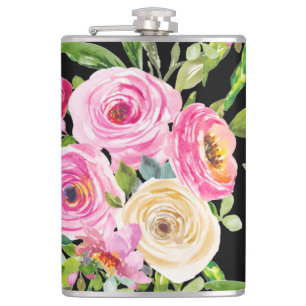 Watercolor Roses in Pink and Cream on Black Flask