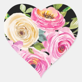 Watercolor Roses In Pink And Cream On Black Heart Sticker by Mistflower at Zazzle
